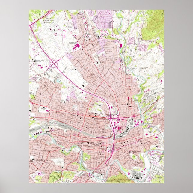 Póster Mapa de época de Roanoke Virginia (1963) (Frente)