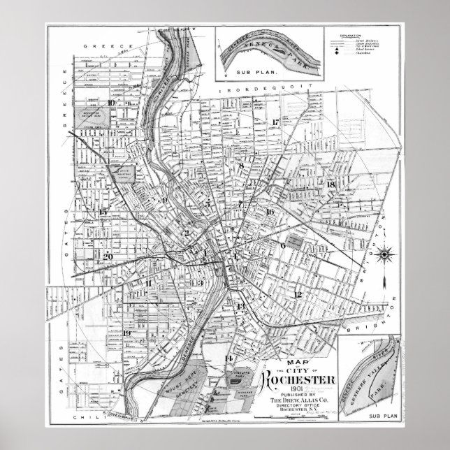 Póster Mapa de época de Rochester NY (1901) BW (Frente)
