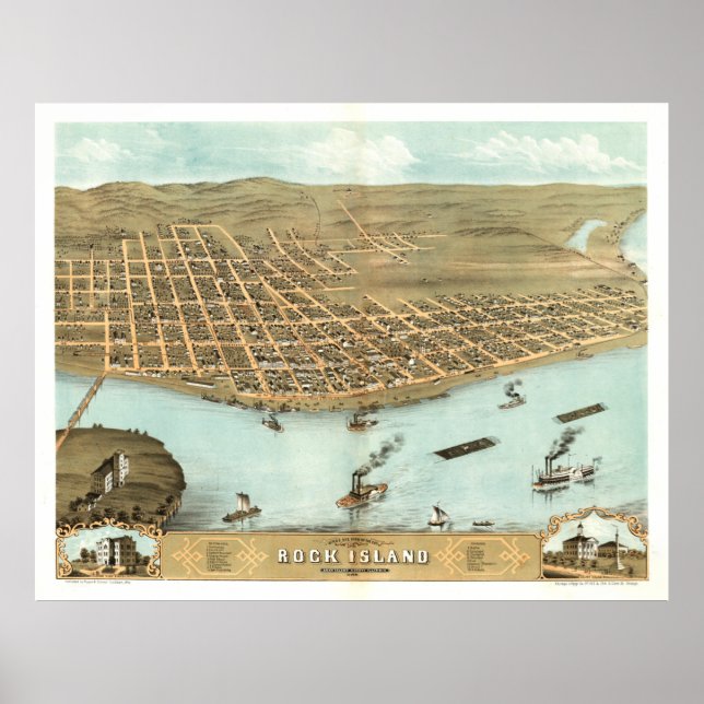 Póster Mapa de época de Rock Island IL (1869) (Frente)