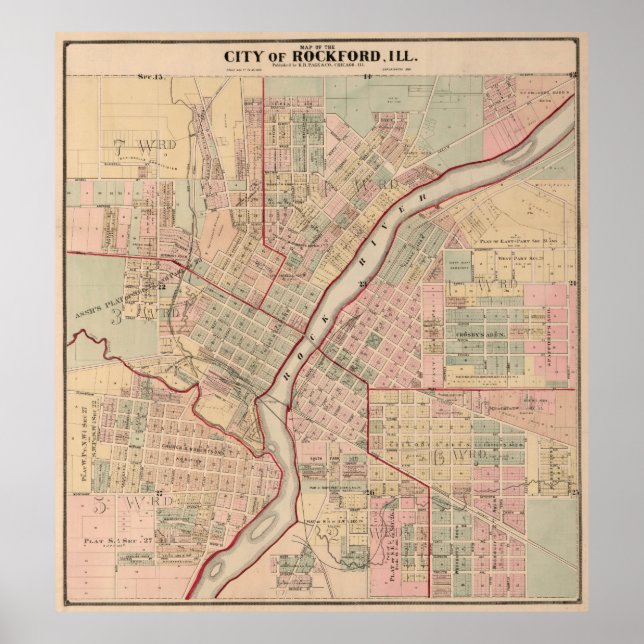 Póster Mapa de época de Rockford IL (1886) (Frente)