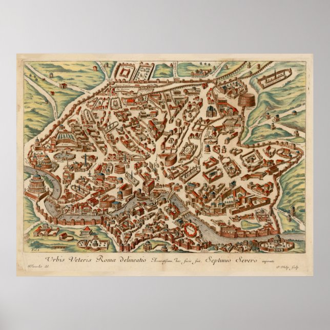 Póster Mapa de época de Roma Italia (1660) (Frente)