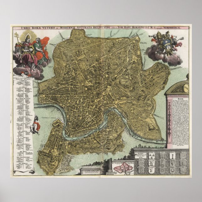 Póster Mapa de época de Roma Italia (1716) (Frente)