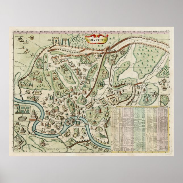 Póster Mapa de época de Roma Italia (1719) (Frente)