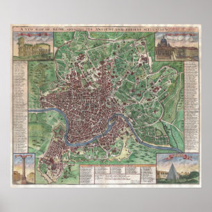 Póster Mapa de época de Roma Italia (1721)