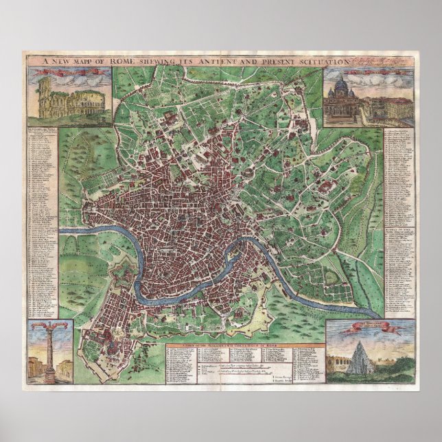 Póster Mapa de época de Roma Italia (1721) (Frente)