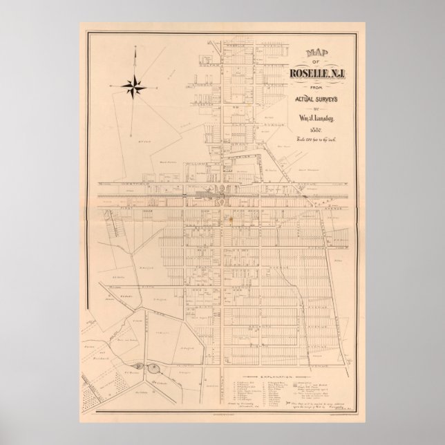 Póster Mapa de época de Roselle NJ (1887) (Frente)