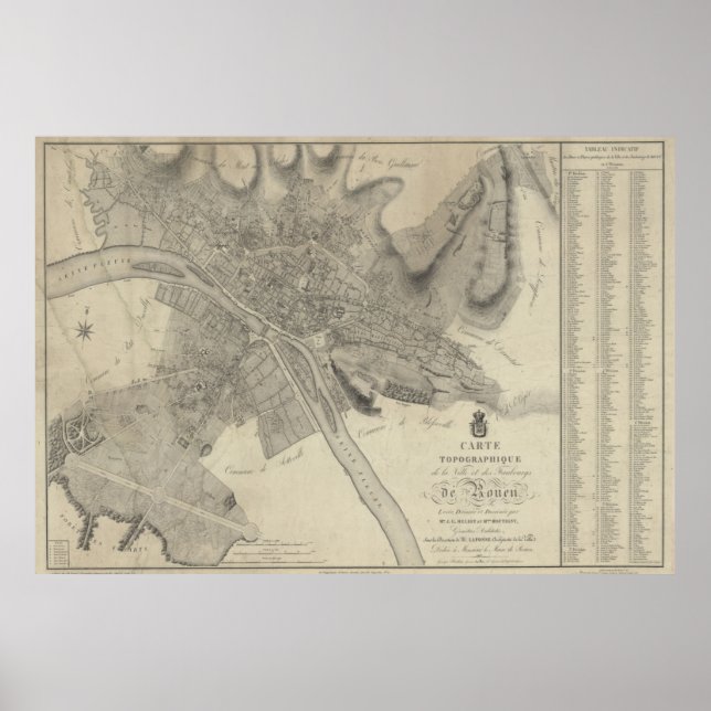 Póster Mapa de época de Rouen France (años 1700) (Frente)