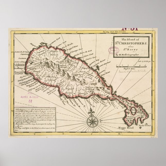 Póster Mapa de época de Saint Kitts (1732) (Frente)