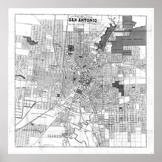 Póster Mapa de época de San Antonio Texas (1909) BW (Frente)