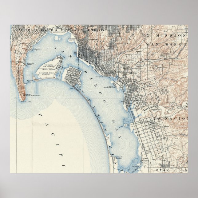 Póster Mapa de época de San Diego California (1902) (Frente)