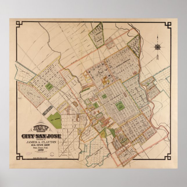 Póster Mapa de época de San José California (1886) (Frente)