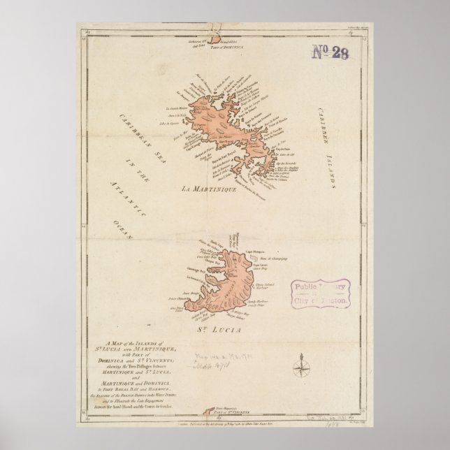 Póster Mapa de época de Santa Lucía y Martinica (1781) (Frente)