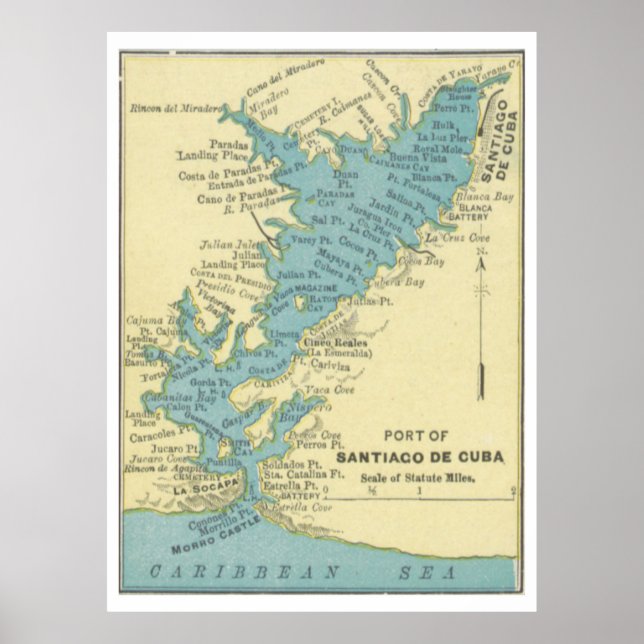 Póster Mapa de época de Santiago de Cuba (1898) (Frente)