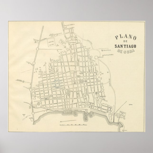 Póster Mapa de época de Santiago de Cuba (1899) (Frente)
