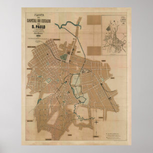 Póster Mapa de época de São Paulo Brasil (1890)