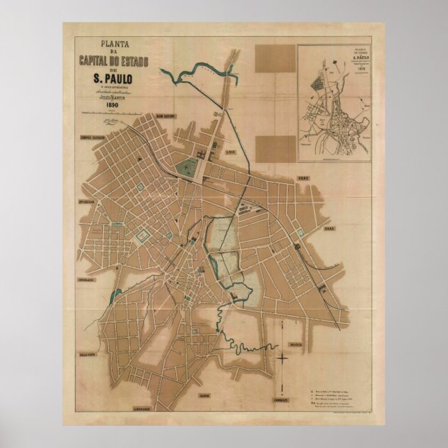 Póster Mapa de época de São Paulo Brasil (1890) (Frente)