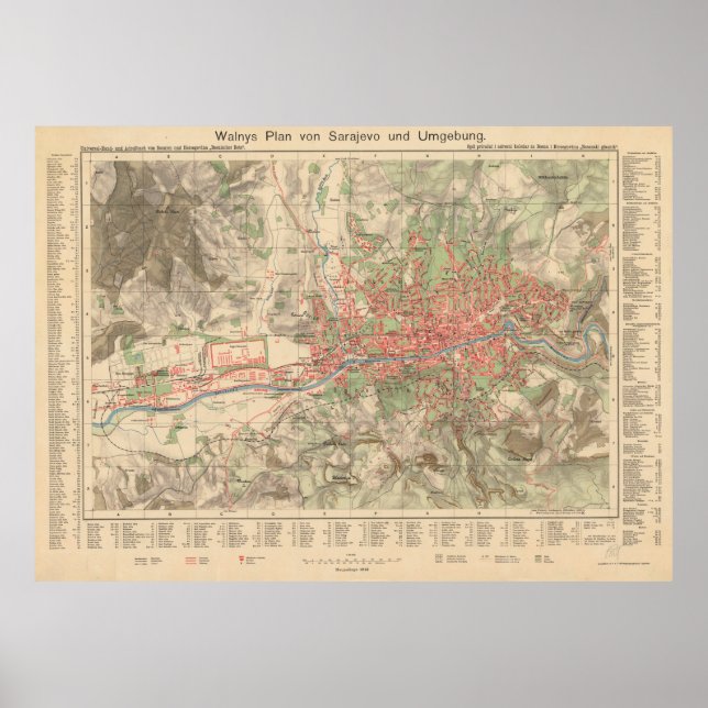 Póster Mapa de época de Sarajevo Bosnia y Herzegovina (Frente)