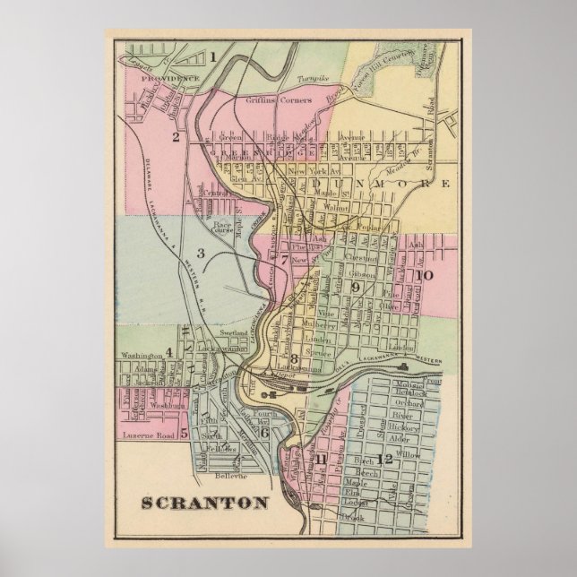 Póster Mapa de época de Scranton PA (1890) (Frente)