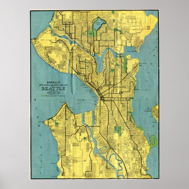 Póster Mapa de época de Seattle Washington (1914) (Frente)