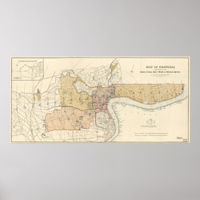 Póster Mapa de época de Shanghai China (1918) (Frente)