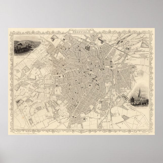 Póster Mapa de época de Sheffield England (1851) (Frente)