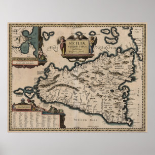 Póster Mapa de época de Sicilia Italia (1619)