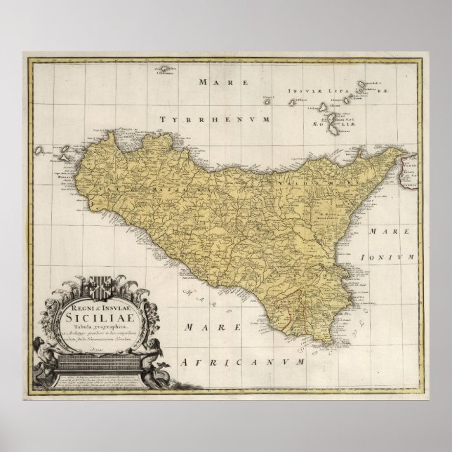 Póster Mapa de época de Sicilia Italia (1747) (Frente)