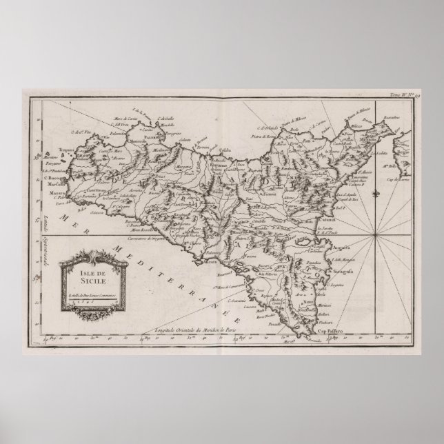 Póster Mapa de época de Sicilia Italia (1764) (Frente)