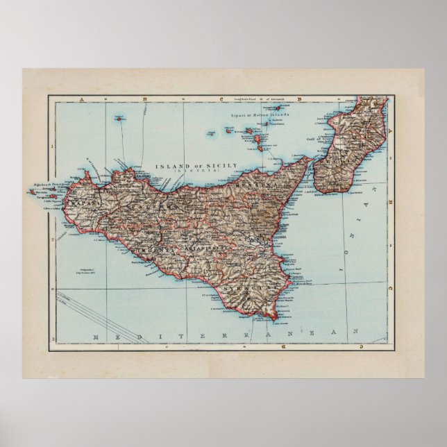 Póster Mapa de época de Sicilia Italia (1900) (Frente)