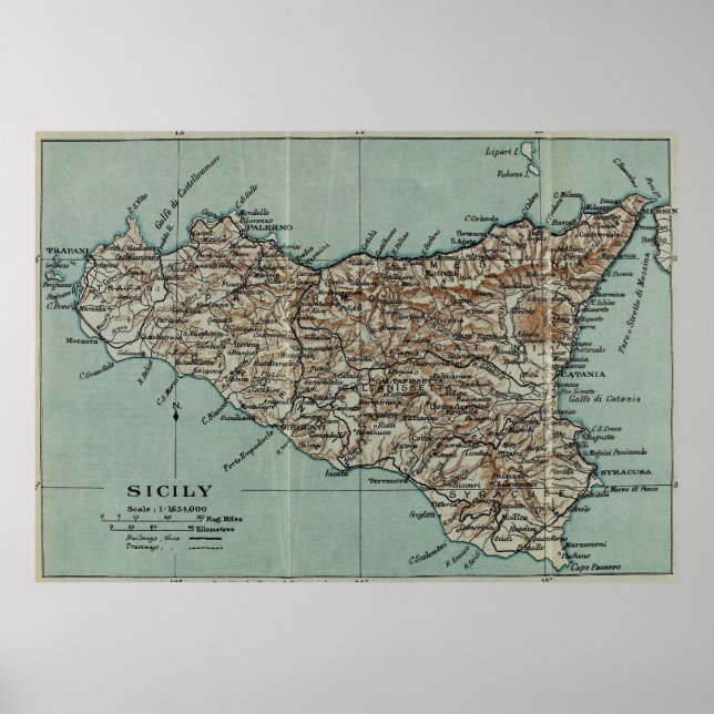 Póster Mapa de época de Sicilia Italia (1911) (Frente)