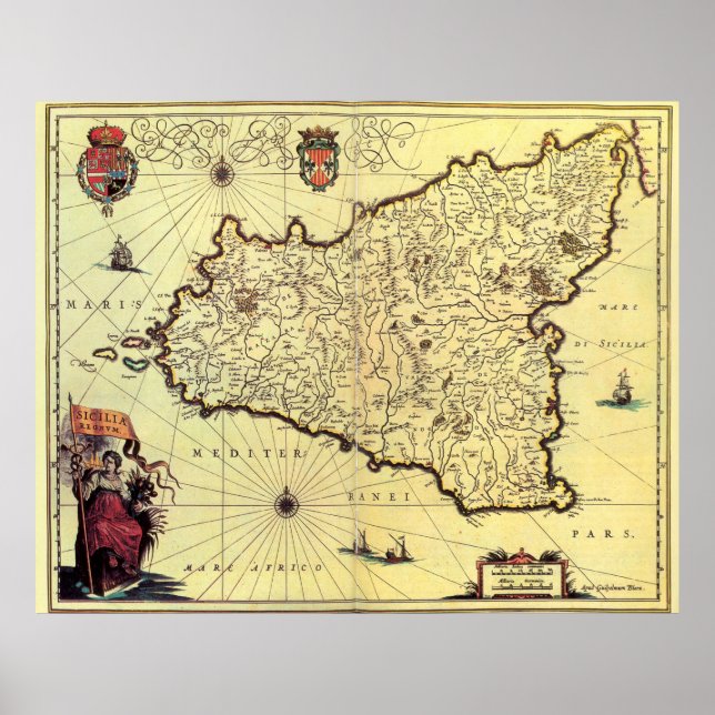 Póster Mapa de época de Sicilia Italia (años 1600) (Frente)