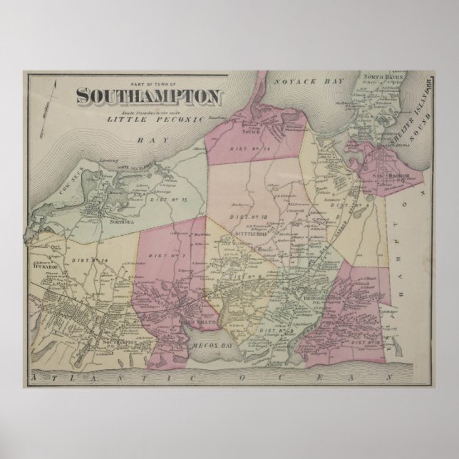 Póster Mapa de época de Southampton NY (1873) (Frente)