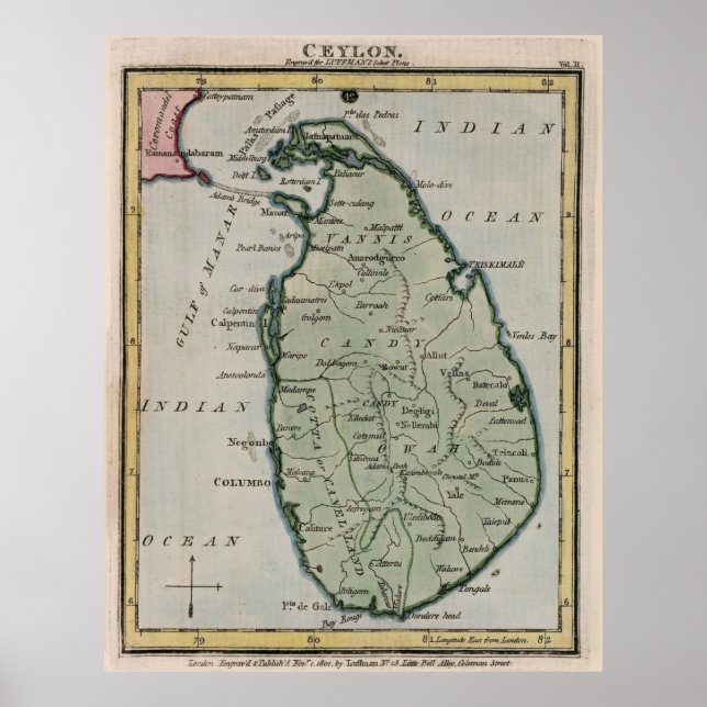 Póster Mapa de época de Sri Lanka (1801) (Frente)