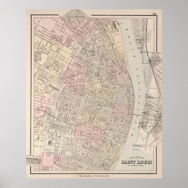 Póster Mapa de época de St Louis MO (1884) (Frente)