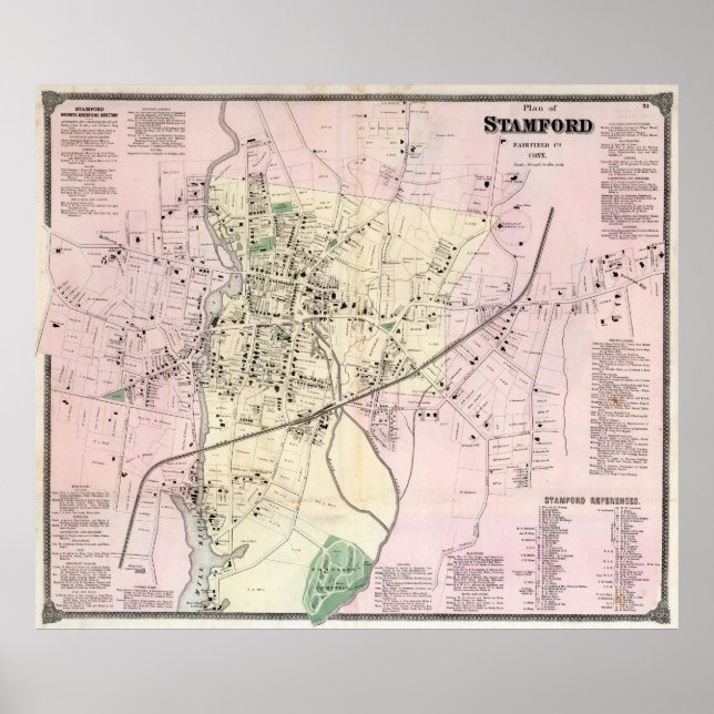 Póster Mapa de época de Stamford CT (1867) (Frente)