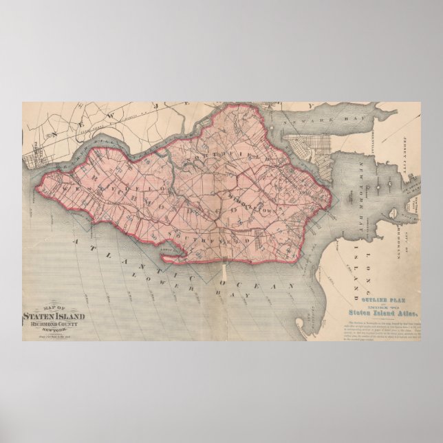 Póster Mapa de época de Staten Island New York (1874) (Frente)