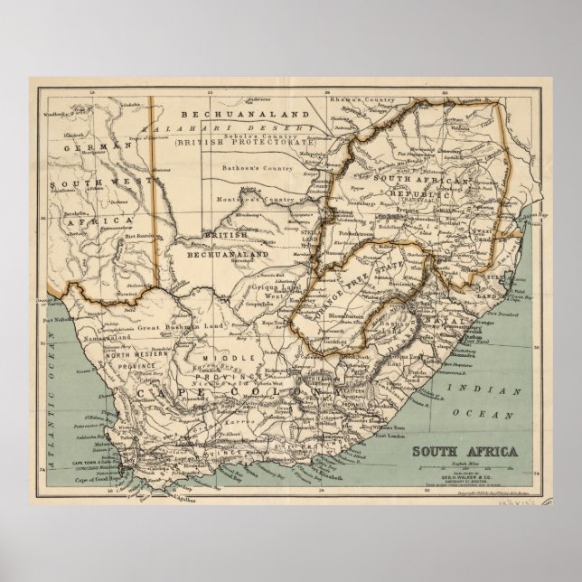 Póster Mapa de época de Sudáfrica (1889) (Frente)