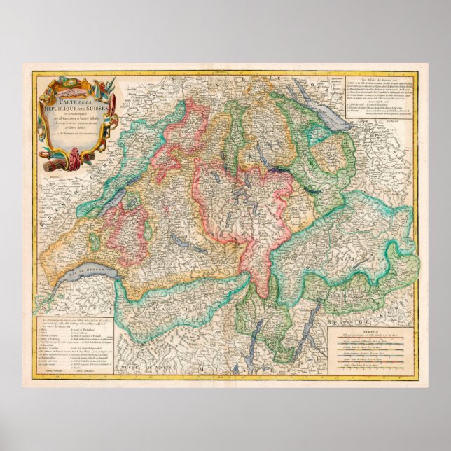 Póster Mapa de época de Suiza (1755) (Frente)