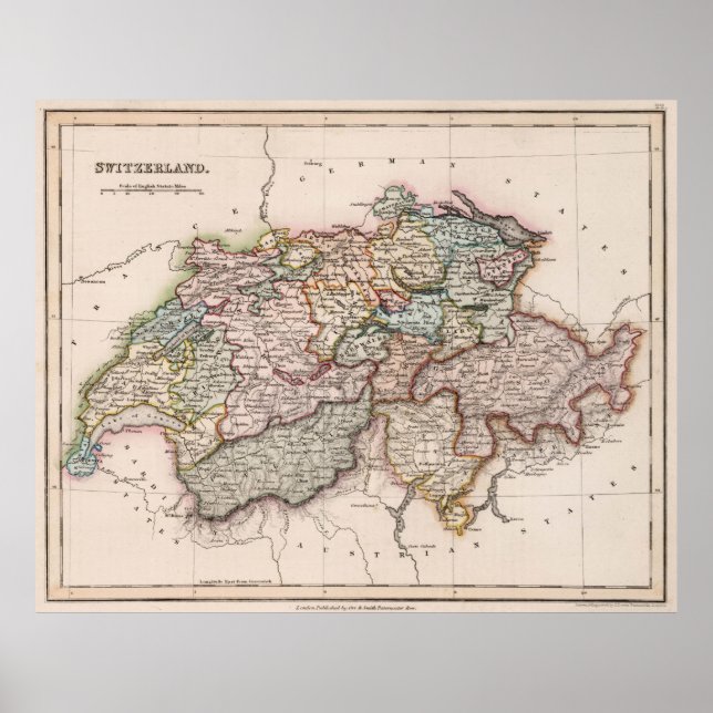 Póster Mapa de época de Suiza (1832) (Frente)