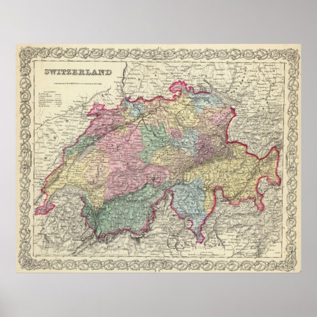 Póster Mapa de época de Suiza (1856) (Frente)