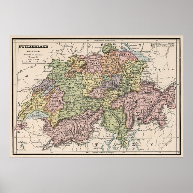 Póster Mapa de época de Suiza (1882) (Frente)