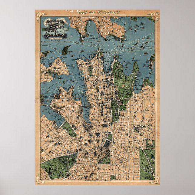 Póster Mapa de época de Sydney Australia (1922) (Frente)