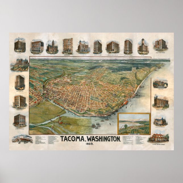 Póster Mapa de época de Tacoma WA (1893) (Frente)