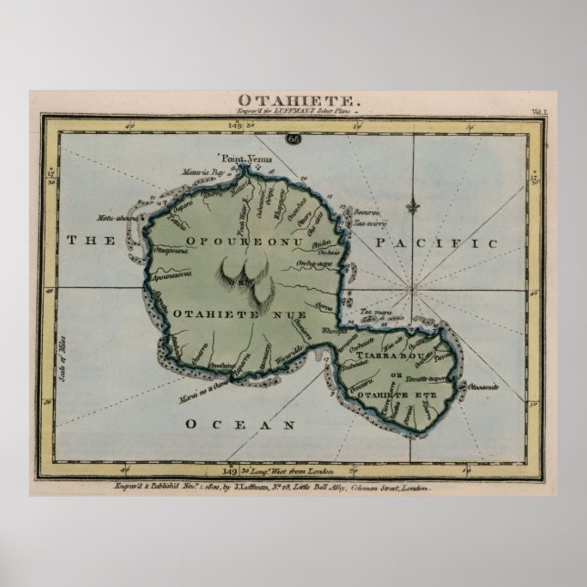 Póster Mapa de época de Tahití (1800) (Frente)