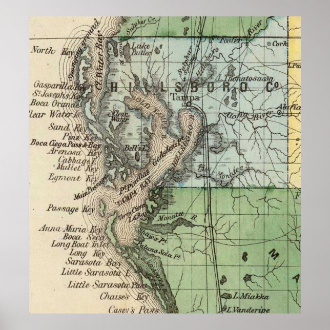 Póster Mapa de época de Tampa Florida (1870) (Frente)