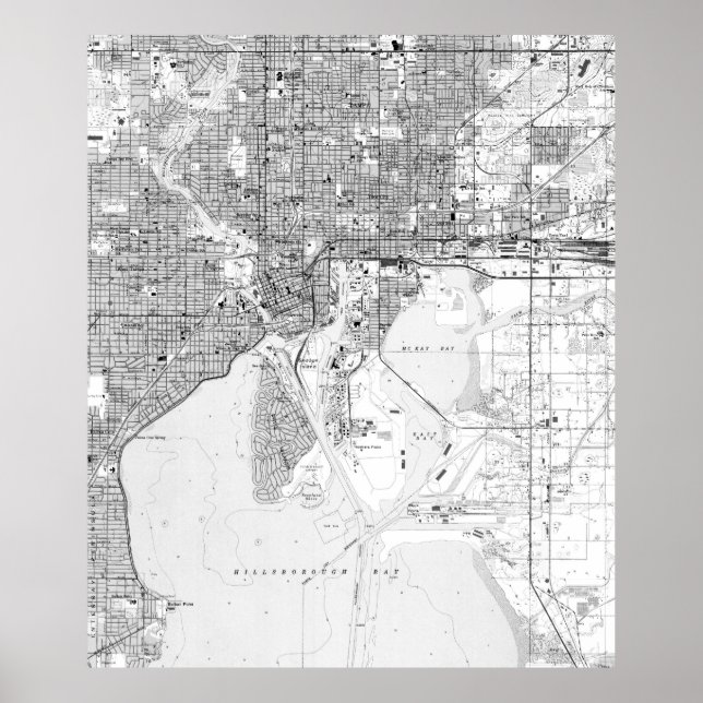 Póster Mapa de época de Tampa Florida (1944) BW (Frente)