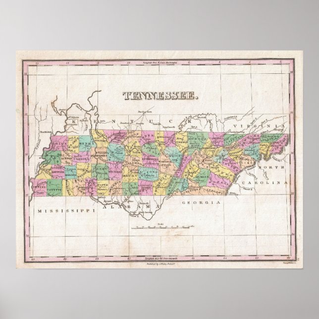 Póster Mapa de época de Tennessee (1827) (Frente)