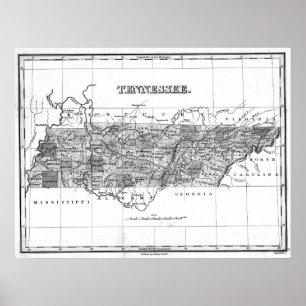 Póster Mapa de época de Tennessee (1827) BW