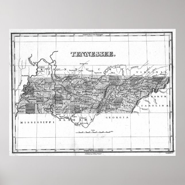Póster Mapa de época de Tennessee (1827) BW (Frente)