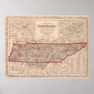 Póster Mapa de época de Tennessee (1859)